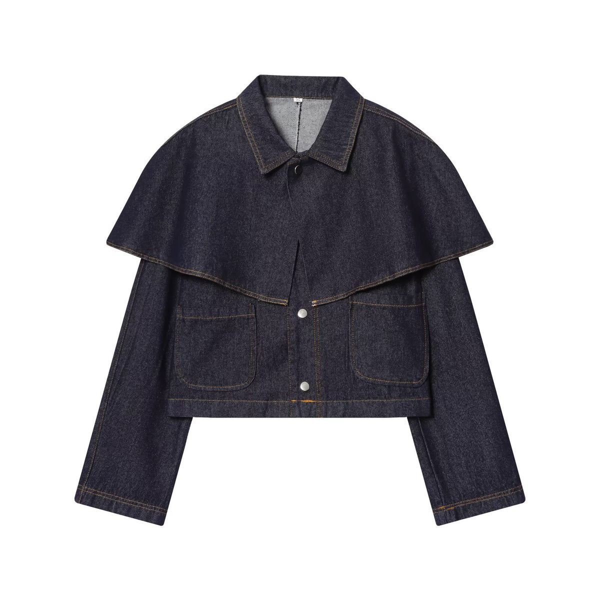Women's Short Jeans Jacket with Cape Insert, Flap Pockets and Snap Buttons Fashion Glam
