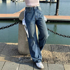 Ladies Wide High-Waist Denim Jeans with Decorative Side Stripes and Straight Leg Fashion Glam