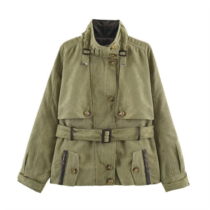 Women Short Cord Trench Coat with Waist Belt, Cape Detail and Stand Collar Fashion Glam