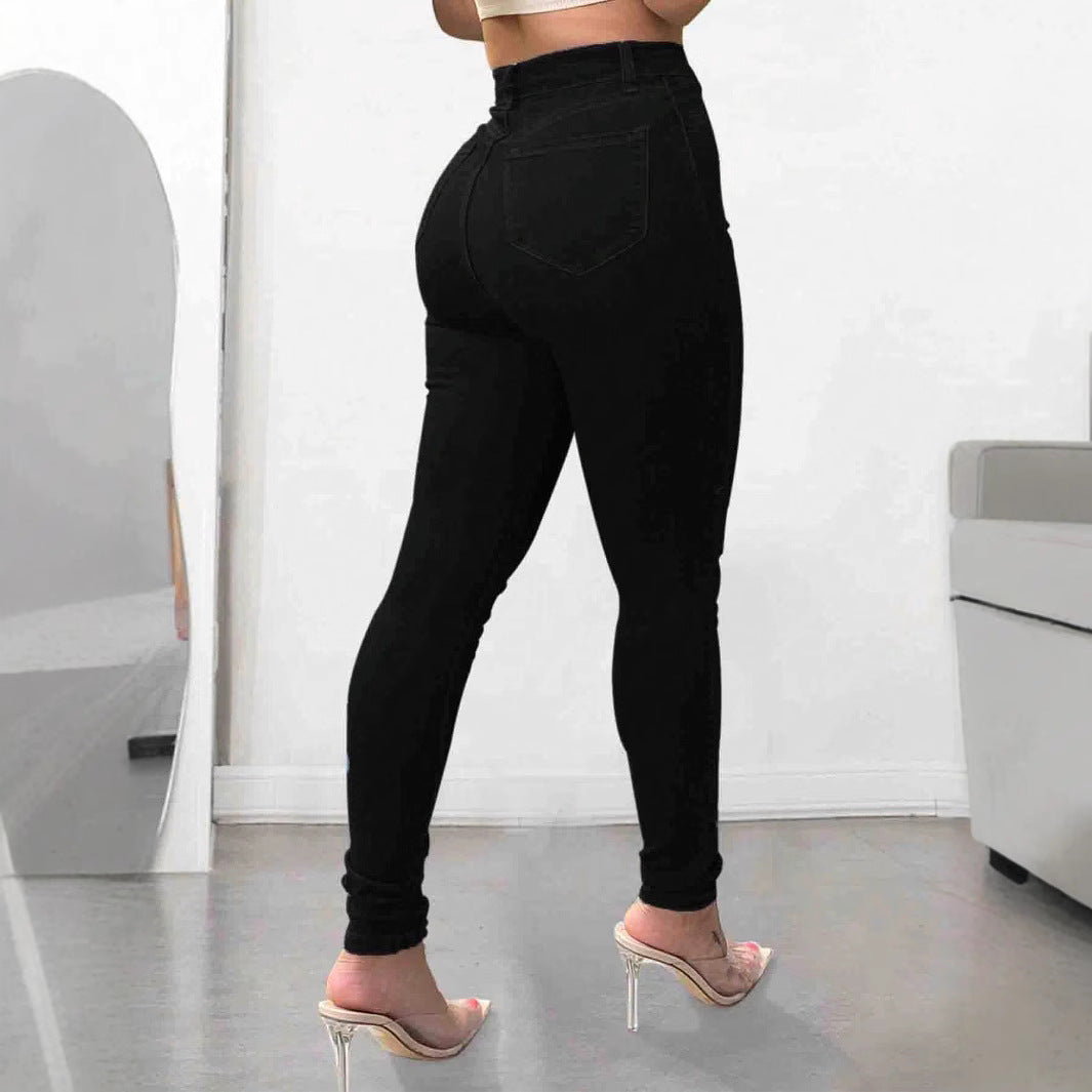 Women's High-Waisted Skinny Jeans with Pearl and Crystal Flower Decoration Fashion Glam
