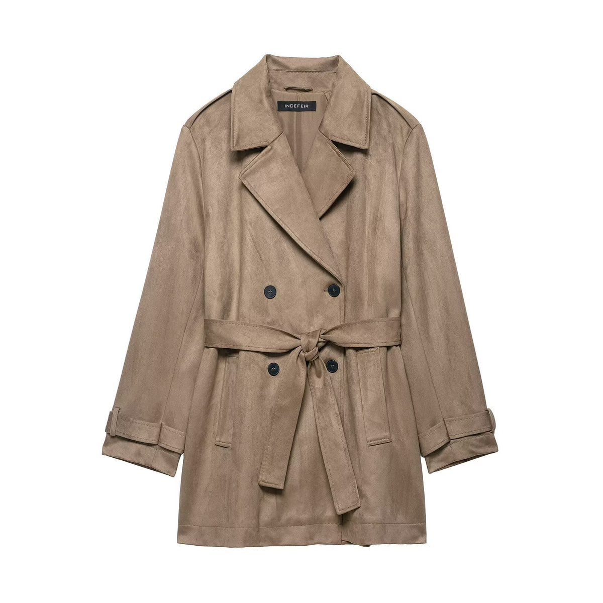 Women's Double Breasted Suede Effect Trench Coat with Waist Belt Fashion Glam