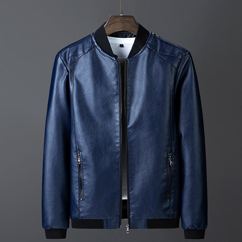 Men's smooth leather look bomber jacket with stand-up collar, zippered pockets, and elastic cuffs Fashion Glam