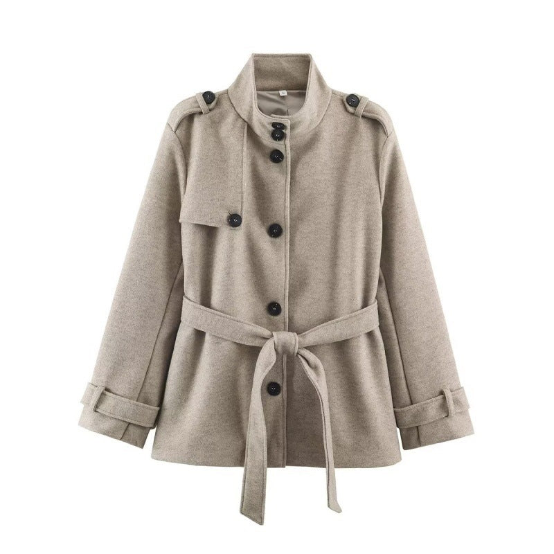Women Short fitted coat with stand-up collar, shoulder straps and tie belt Fashion Glam