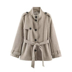 Women Short fitted coat with stand-up collar, shoulder straps and tie belt Fashion Glam