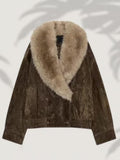 Women’s short-cut suede bomber jacket with luxurious fur collar Fashion Glam