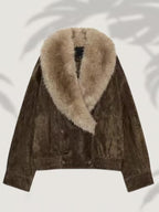 Women’s short-cut suede bomber jacket with luxurious fur collar Fashion Glam