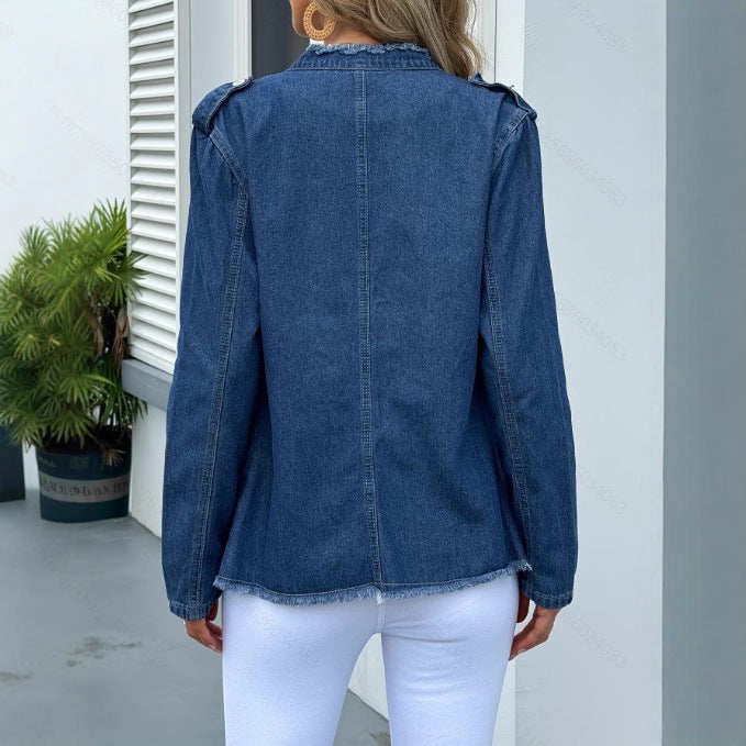 Women's tailored denim jacket with fringe trim and decorative button placket Fashion Glam