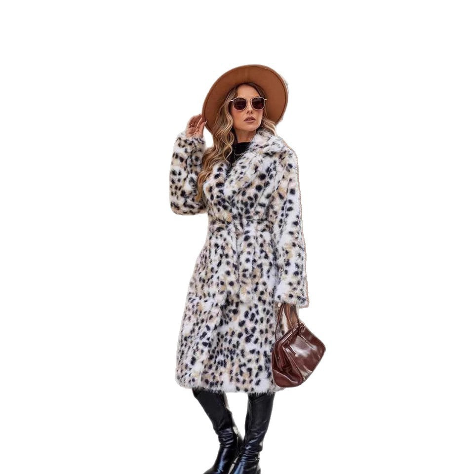 Ladies Midi Faux Fur Coat with Leopard Print, Tailored Tie Belt and Shawl Collar Fashion Glam
