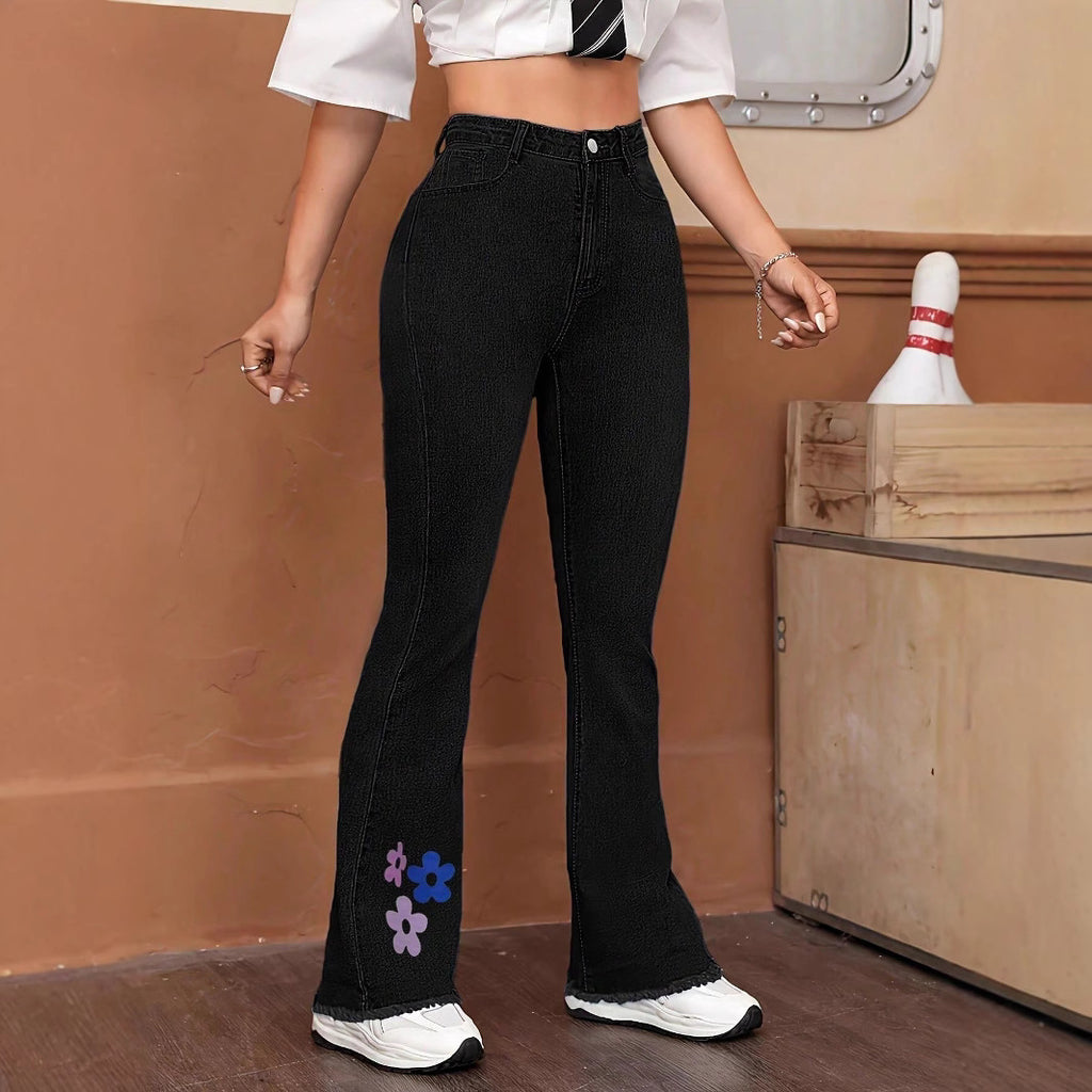 Women's High-Waist Denim Jeans with Slightly Flared Leg and Floral Print Fashion Glam