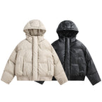 Women's Cropped Insulating Puffer Jacket in Boxy Cut with Voluminous Hood, Stand Collar and Ribbed Cuff Fashion Glam