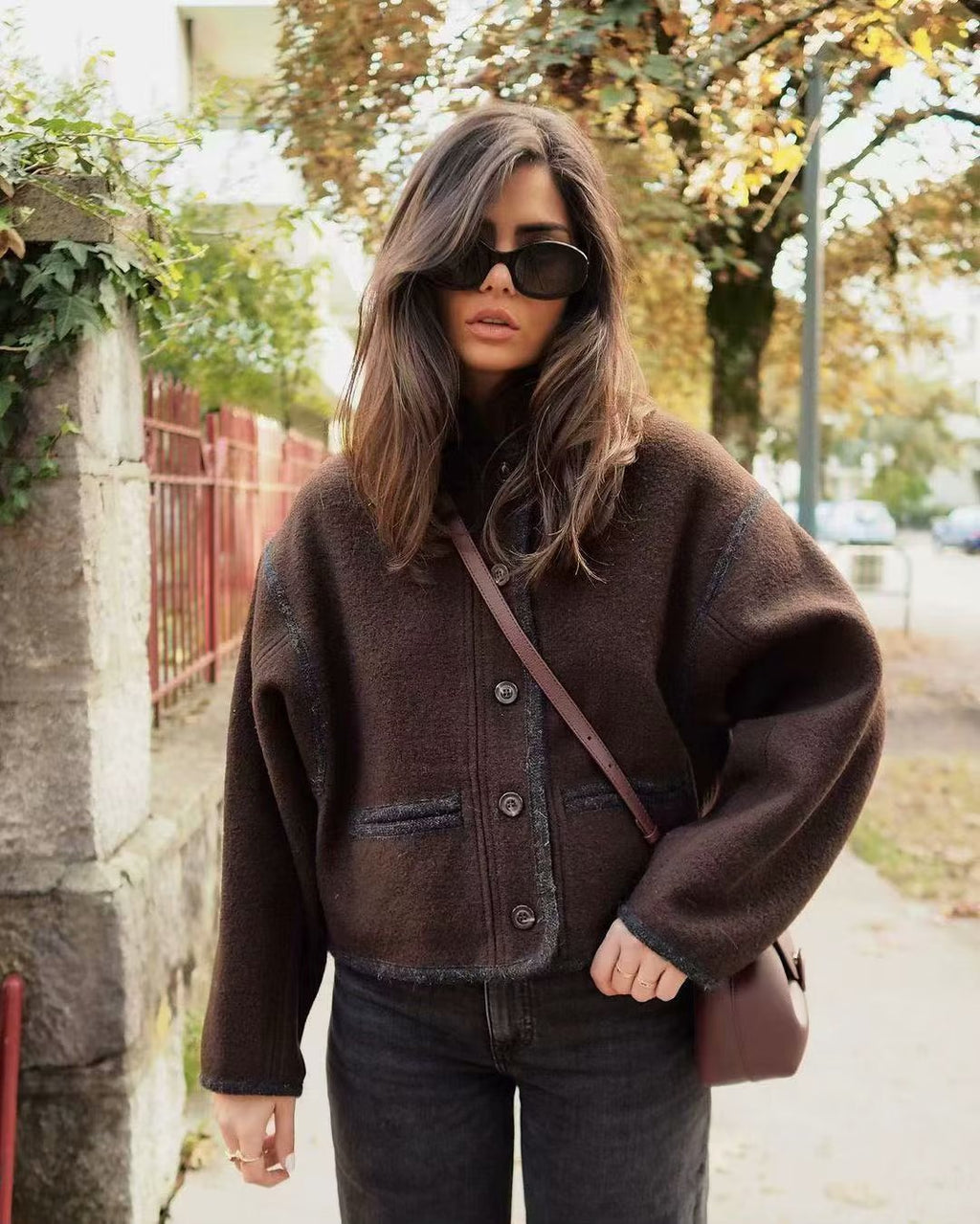 Women Cropped Boxy Jacket with Round Neckline, Contrasting Piping and Decorative Buttons Fashion Glam
