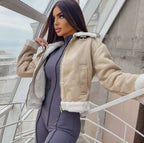 Women's Short Aviator Jacket with Teddy Lining and Faux Leather Look Fashion Glam