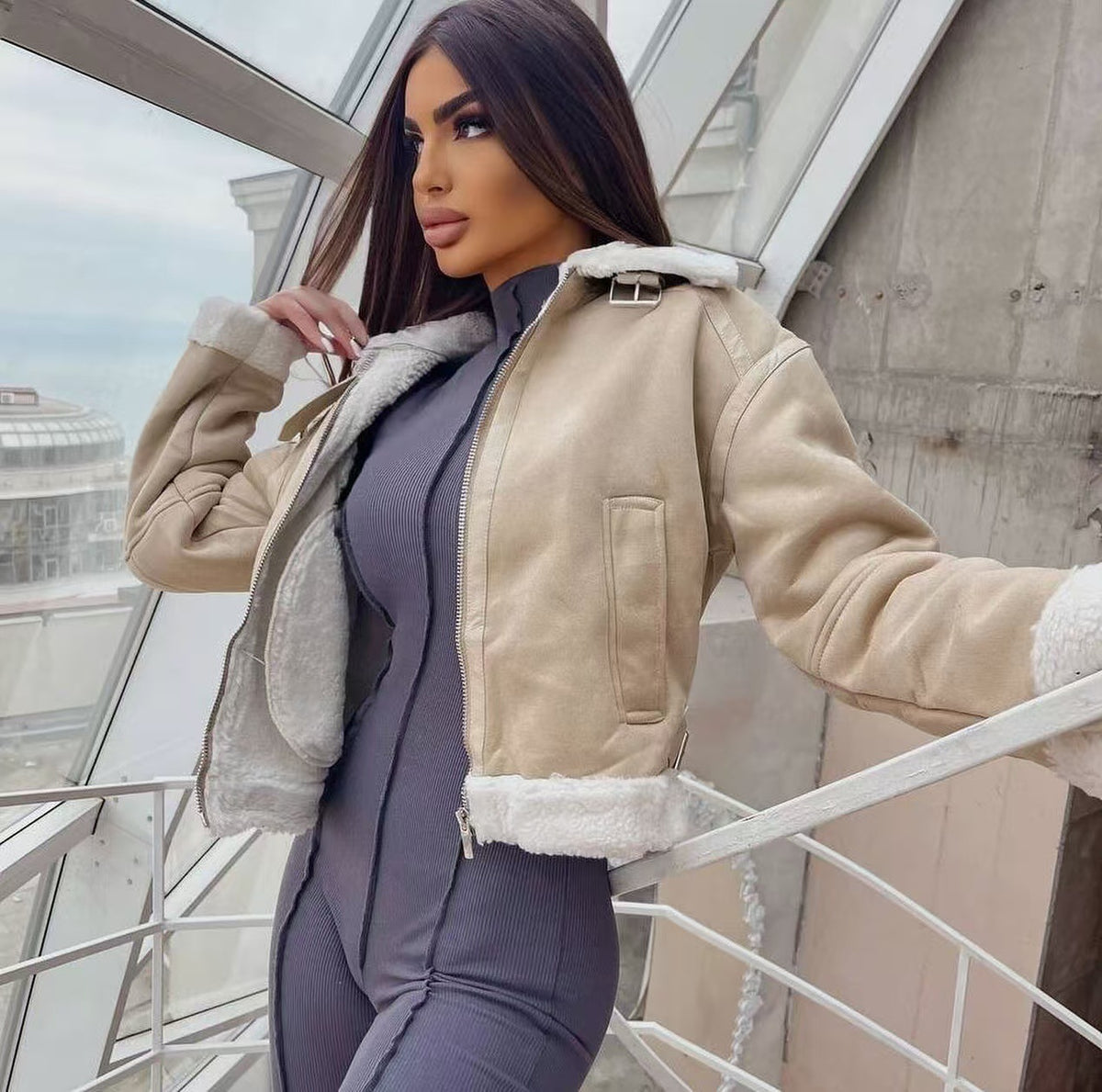 Women's Short Aviator Jacket with Teddy Lining and Faux Leather Look Fashion Glam