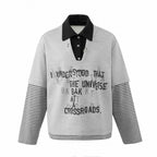 Unisex Oversize Sweatshirt with Layering Polo Collar, Striped Sleeves and Statement Print Fashion Glam