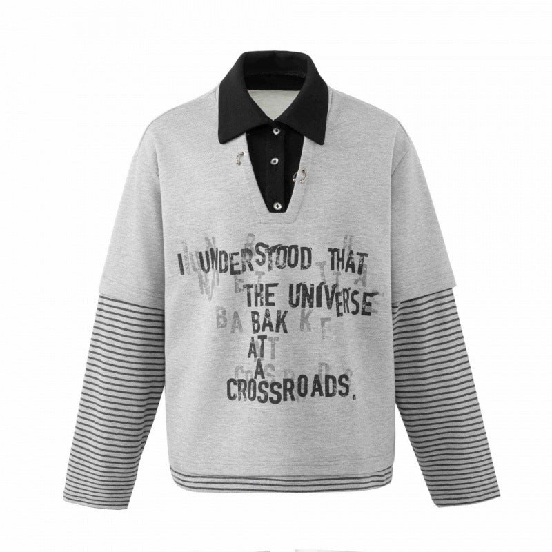 Unisex Oversize Sweatshirt with Layering Polo Collar, Striped Sleeves and Statement Print Fashion Glam