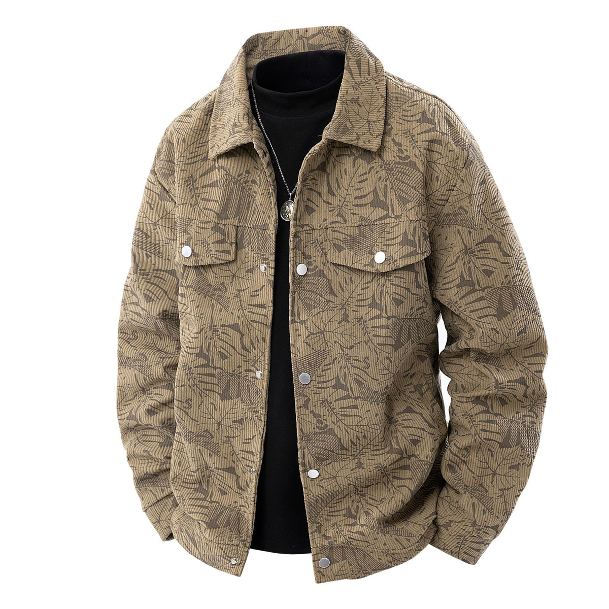 Men's cord jacket in trucker style with tonal leaf pattern, snap-button front and flap pockets Fashion Glam