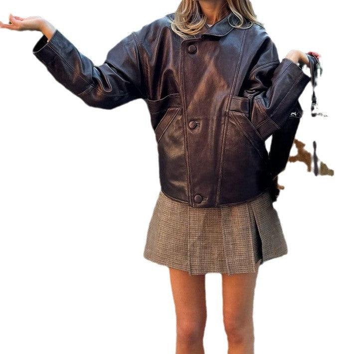 Women's Oversize Faux Leather Bomber Jacket with Round Collar and Distinctive Seam Details Fashion Glam