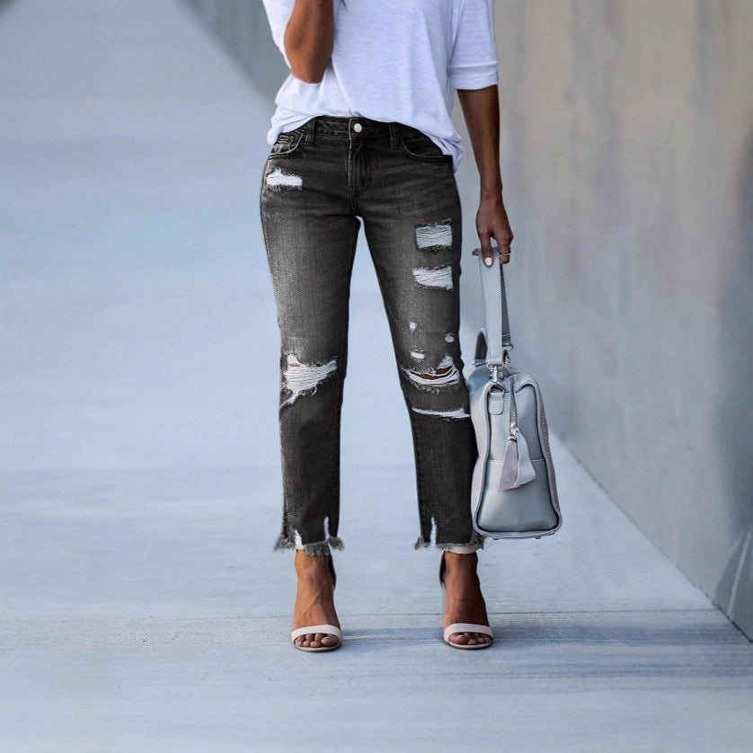 Women Cropped Destroyed Jeans with High Waist, Straight Leg & Raw Frayed Hem Fashion Glam