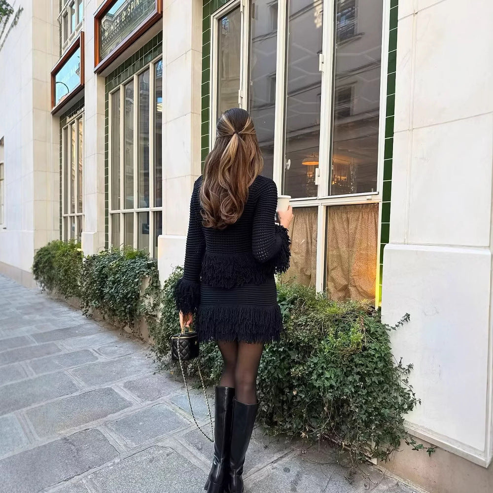Women Structured Knit Jacket with Fringe Trim and Waist Peplum Fashion Glam