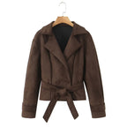 Women's Short Suede Look Jacket with Waist Belt and Lapel Collar Fashion Glam