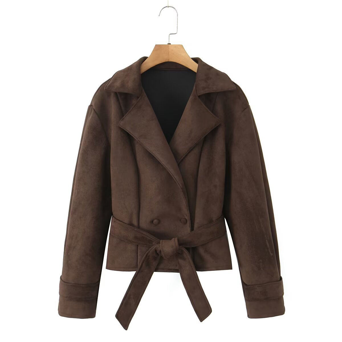 Women's Short Suede Look Jacket with Waist Belt and Lapel Collar Fashion Glam