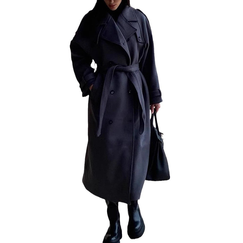 Women's Maxi Wool Blend Coat in Military Style with Wide Lapels and Dropped Shoulders Fashion Glam