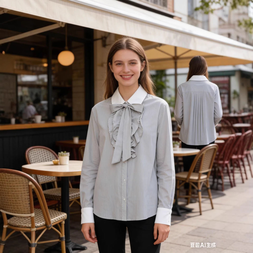 Ladies Striped Blouse with Bow Collar, Ruffle Front and Contrast Cuffs Fashion Glam