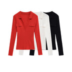 Women Ribbed Fine Knit Polo with Deep V-Neck and Chest Pockets Fashion Glam