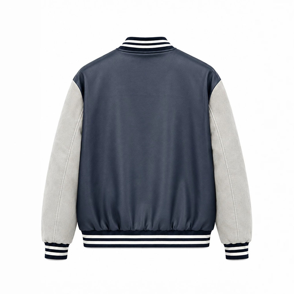 Men's Varsity Faux Leather College Jacket with Contrast Sleeves, Embroidered Patches and Ribbed Hem Fashion Glam