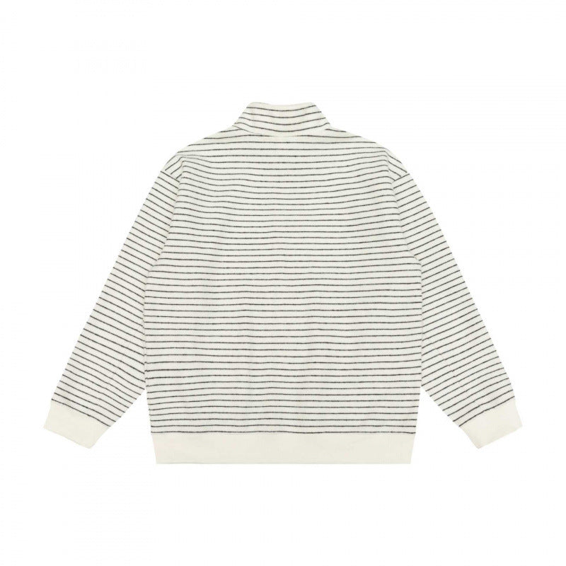 Unisex Striped Knit Zip Jacket with Stand-up Collar and Patch Pockets Fashion Glam