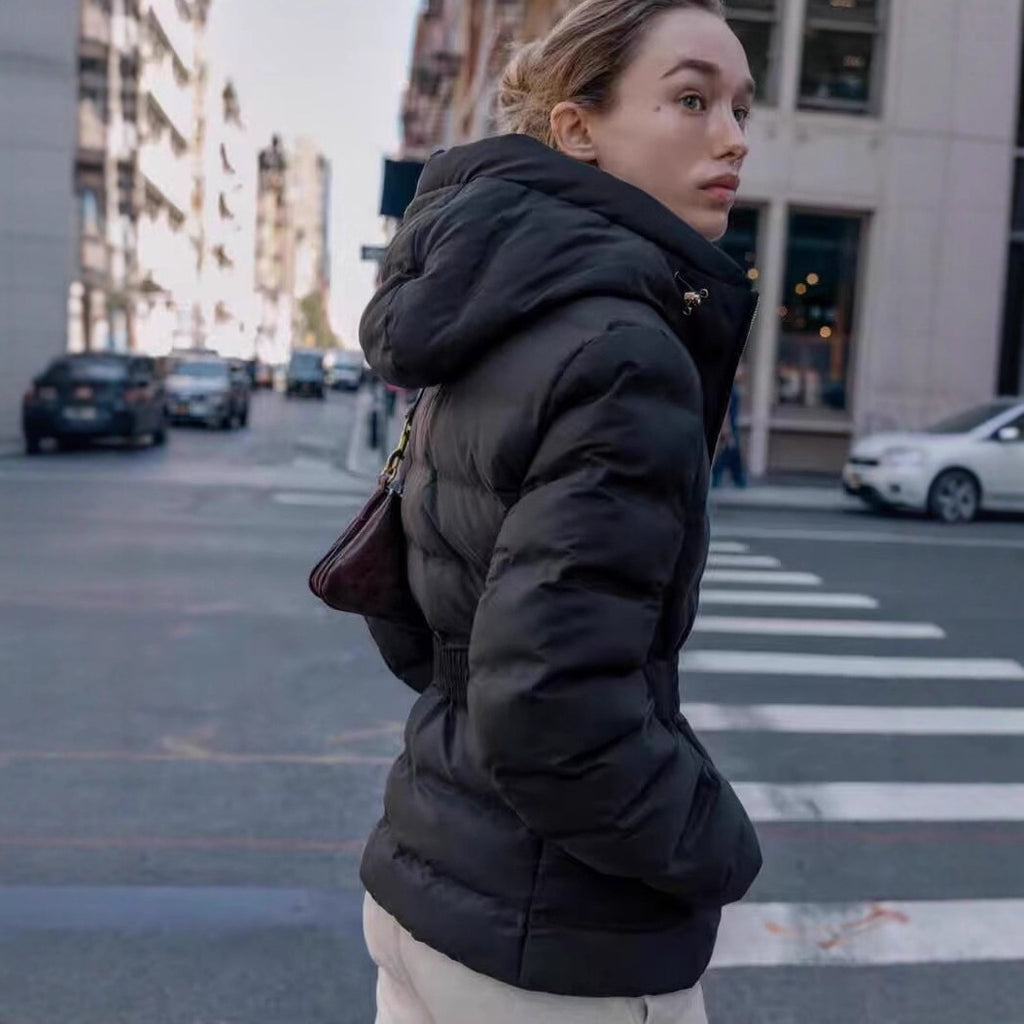Women's Shiny Down-Look Quilted Jacket with Hood and Tailored Drawstring Belt Fashion Glam