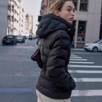 Women's Shiny Down-Look Quilted Jacket with Hood and Tailored Drawstring Belt Fashion Glam