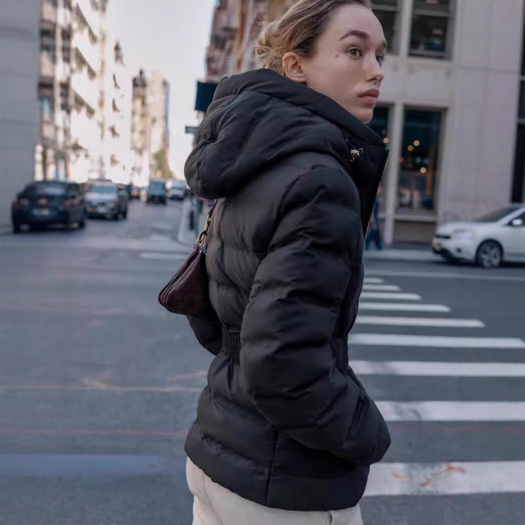 Women's Shiny Down-Look Quilted Jacket with Hood and Tailored Drawstring Belt Fashion Glam