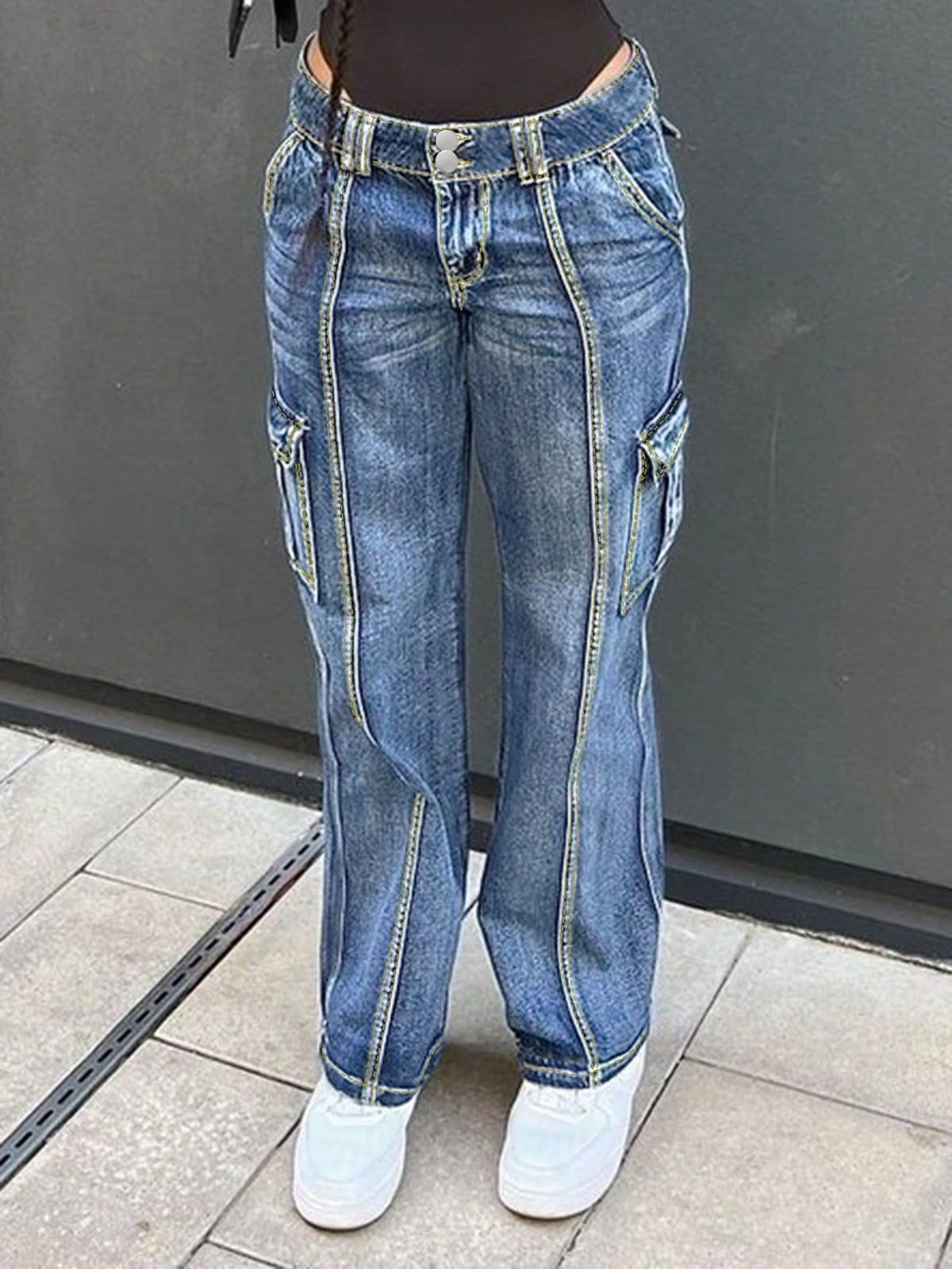 Women's high-waisted cargo jeans with vertical decorative seams and wide leg Fashion Glam