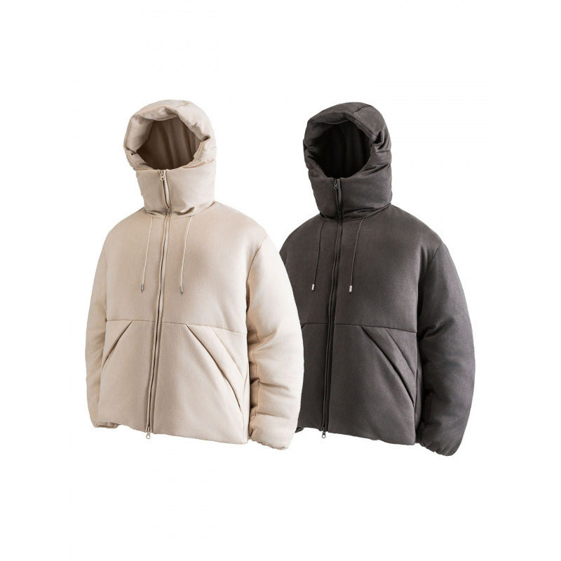Unisex Padded Hooded Jacket in Boxy Cut with High Shawl Collar and Kangaroo Pockets Fashion Glam