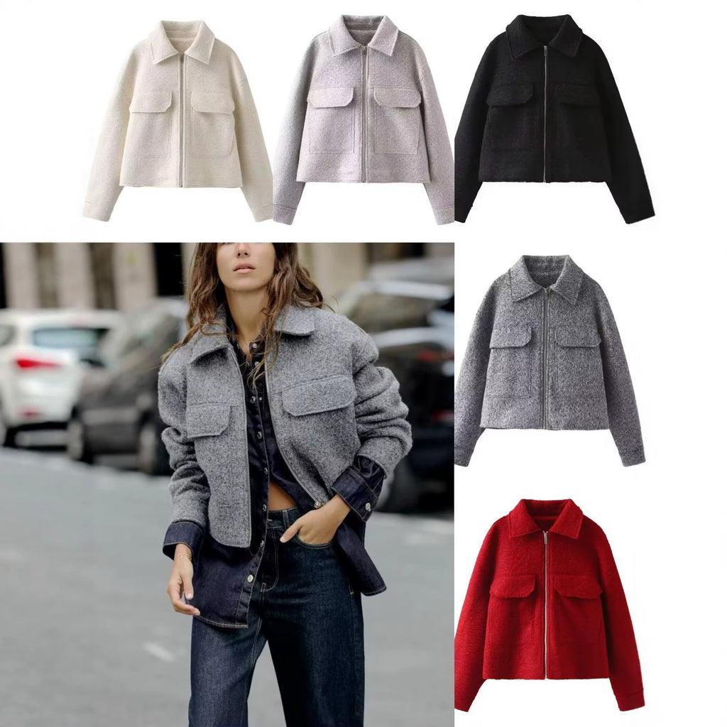 Women Short Boucle Jacket in Boxy Cut with Zip and Flap Pockets Fashion Glam