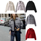 Women Short Boucle Jacket in Boxy Cut with Zip and Flap Pockets Fashion Glam