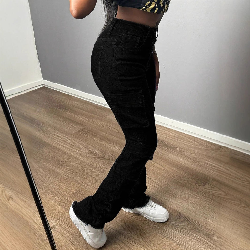 Ladies High-Waisted Cargo Jeans with Multiple Flap Pockets and Long Leg Fashion Glam
