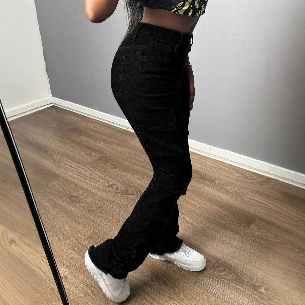 Ladies High-Waisted Cargo Jeans with Multiple Flap Pockets and Long Leg Fashion Glam