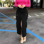 Women's cargo jeans midi skirt with front slit and patch cargo pockets Fashion Glam