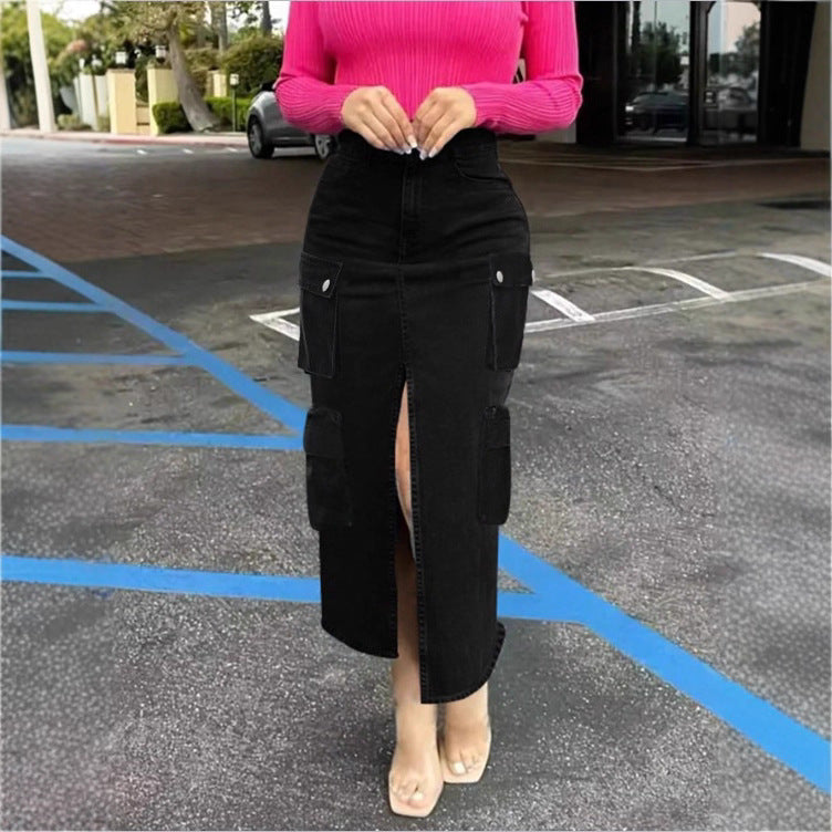Women's cargo jeans midi skirt with front slit and patch cargo pockets Fashion Glam