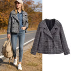 Women's Cropped Double-Breasted Blazer in Glen Check with Oversized Lapels and Turn-Up Sleeves Fashion Glam