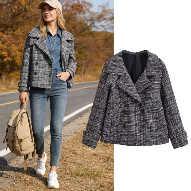 Women's Cropped Double-Breasted Blazer in Glen Check with Oversized Lapels and Turn-Up Sleeves Fashion Glam