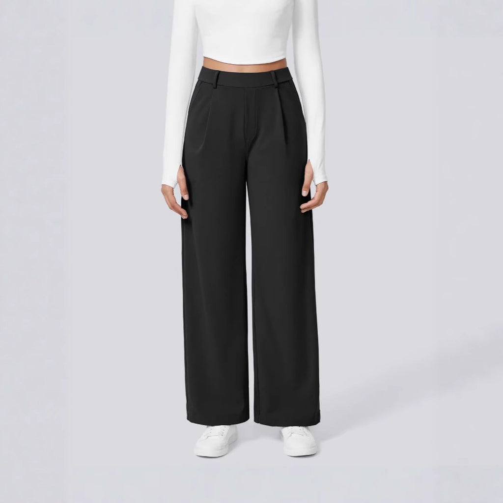 Ladies Elegant High-Waist Palazzo Pants with Front Pleats and Side Pockets Fashion Glam