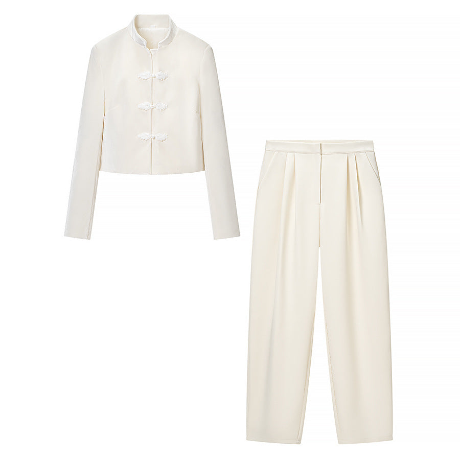 Women's Two-Piece Set with Tailored Short Mandarin Jacket and High-Waisted Pleated Trousers Fashion Glam