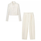 Women's Two-Piece Set with Tailored Short Mandarin Jacket and High-Waisted Pleated Trousers Fashion Glam