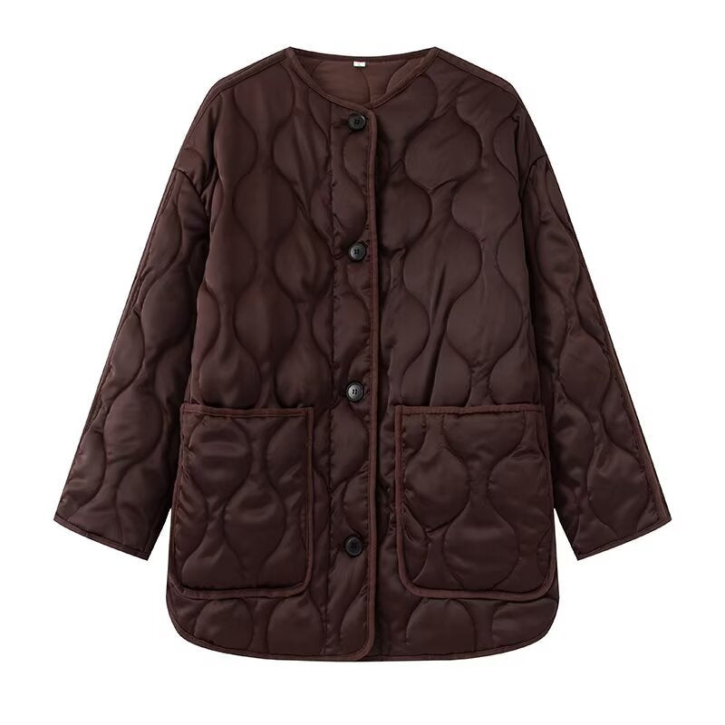 Women Longline Quilted Jacket with Round Neck, Button Placket and Patch Pockets Fashion Glam