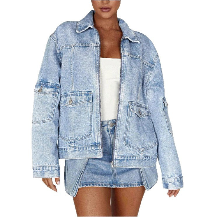 Women's Oversize Utility Denim Jacket with Large Flap Pockets and Zipper Fashion Glam