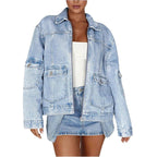 Women's Oversize Utility Denim Jacket with Large Flap Pockets and Zipper Fashion Glam