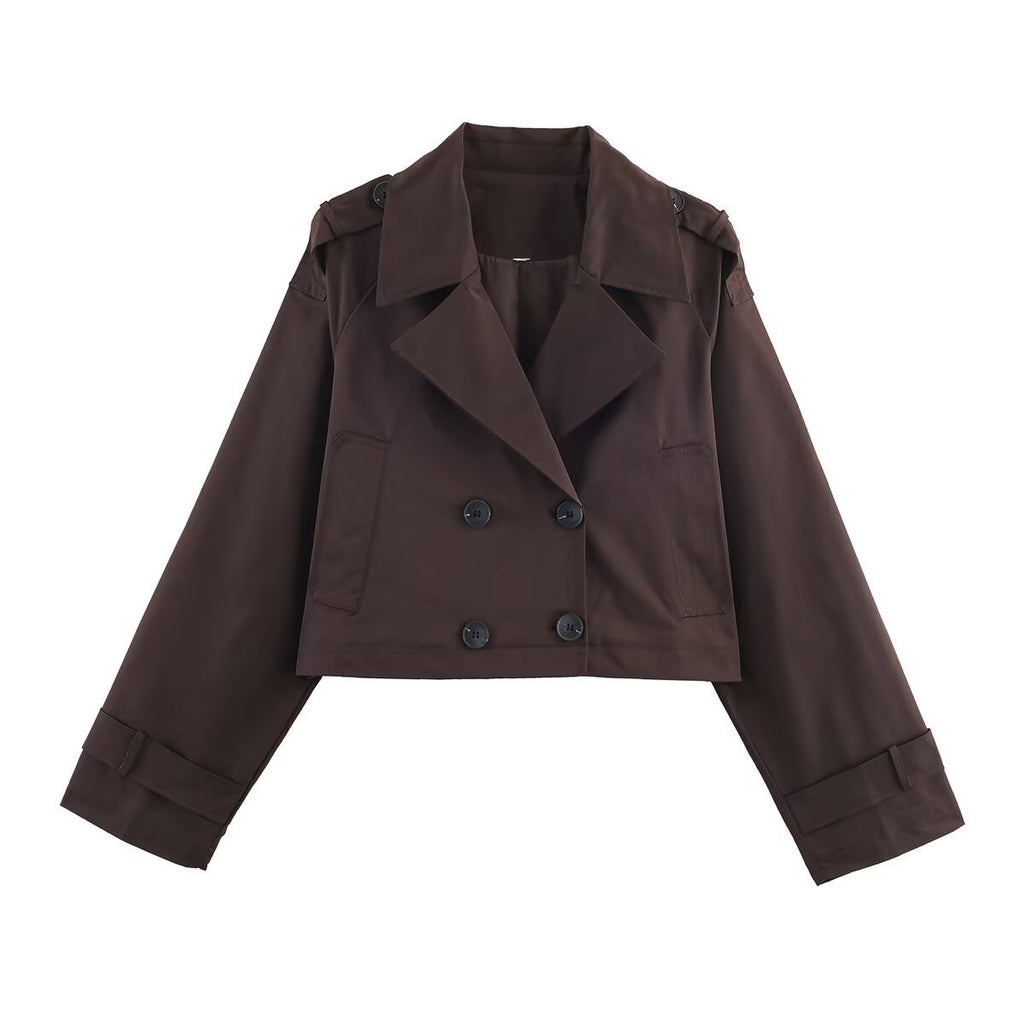 Women's Cropped Double-Breasted Trench Coat with Wide Lapels, Epaulettes and Boxy Cut Fashion Glam